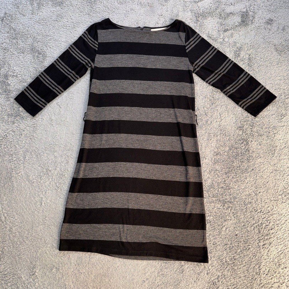 LOFT Womens Striped Knit Shift Dress Size S Black Gray 3/4 Sleeve Boat Neck
